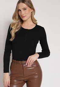 Czarny sweter z Wiskozą Zdobiony Metaliczną Nicią i Guzikami przy Dekolcie Lianola Born2Be damski