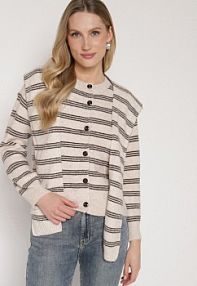 Beżowy kardigan w Paski z Domieszką Wełny z Dodatkową Narzutką Fedina Born2Be