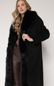 Czarny płaszcz Ozdobiony Odpinanym Futerkiem Lianossa Born2Be damski