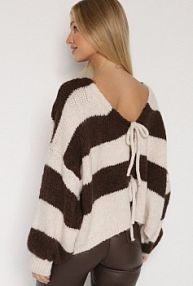 Brązowy Wiązany kardigan Oversize w Paski z Dodatkiem Wełny i Wiskozy Retire Born2Be