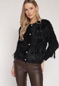 Czarny kardigan z Wełną o Fakturze Imitującej Pióra z Ozdobnymi Guzikami Mevinalia Born2Be