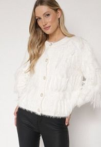 Jasnobeżowy kardigan z Wełną o Fakturze Imitującej Pióra z Ozdobnymi Guzikami Mevinalia Born2Be