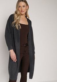 Ciemnoszary Długi kardigan Bez Zapięć z Dzianiny z Wełną Mevesia Born2Be