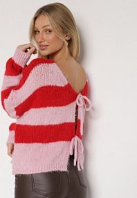 Czerwony Wiązany kardigan Oversize w Paski z Dodatkiem Wełny i Wiskozy Retire Born2Be