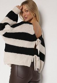 Czarny Wiązany kardigan Oversize w Paski z Dodatkiem Wełny i Wiskozy Retire Born2Be