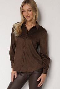 Brązowa koszula z Imitacji Zamszu Ozdobiona Klapami Retarna Born2Be damska
