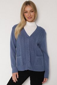 Niebieski kardigan z Bawełną Zdobiony Warkoczowym Splotem i Kieszeniami Mevesava Born2Be