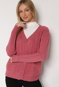 Ciemnoróżowy kardigan z Bawełną Zdobiony Warkoczowym Splotem i Kieszeniami Mevesava Born2Be
