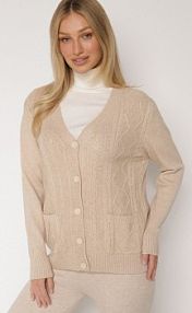 Jasnobeżowy kardigan z Bawełną Zdobiony Warkoczowym Splotem i Kieszeniami Mevesava Born2Be