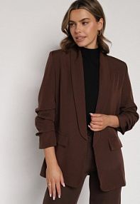 Brązowa Niezapinana Marynarka Pudełkowa z Wiskozą z Marszczonymi Rękawami Feniravia Born2Be