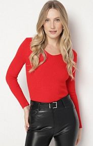 Czerwony Dopasowany sweter z Prążkowanej Dzianiny z Bawełną z Dekoltem w Serek Tesma Born2Be damski