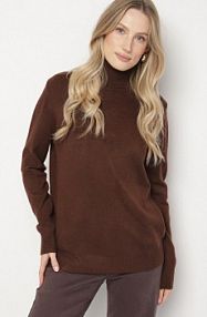 Brązowy Casualowy golf z Wełną o Prostym Kroju Reiselia Born2Be damski