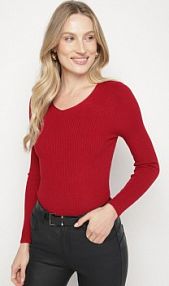 Bordowy Dopasowany sweter z Prążkowanej Dzianiny z Bawełną z Dekoltem w Serek Tesma Born2Be damski