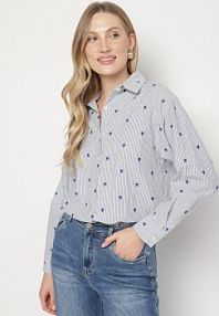 Niebieska Bawełniana koszula w Paski i Serduszka Fennissa Born2Be damska
