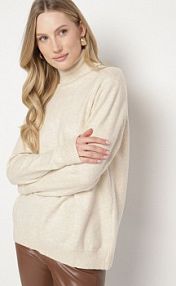 Jasnobeżowy Casualowy golf z Wełną o Prostym Kroju Reiselia Born2Be damski