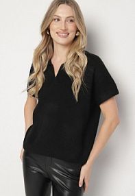 Czarny sweter z Wełną z Krótkim Rękawem i Kołnierzykiem Tevalina Born2Be damski