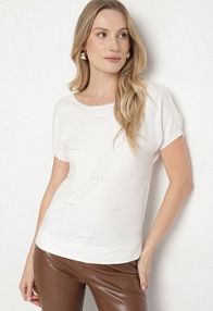 Biała bluzka z Dzianiny Zdobiona Cyrkoniami Feninea Born2Be damska