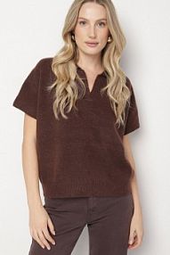 Brązowy sweter z Wełną z Krótkim Rękawem i Kołnierzykiem Tevalina Born2Be damski