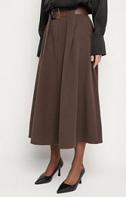 Brązowa Rozkloszowana spódnica z Wiskozą Zdobiona Paskiem z Klamrą Tinevia new collection