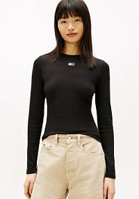 Koszulka z długim rękawem Kobiety Bawełna czarny jednolity XS Tommy Jeans damski