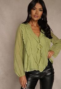 Zielona Koszulowa bluzka z Dekoltem V i Falbankami Calomia Renee damska