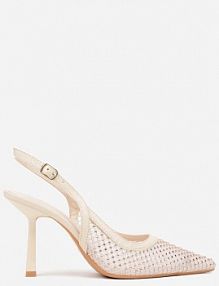 Beżowe Siateczkowe sandały na Szpilce Slingback z Cyrkoniami Nemenlaeno Renee