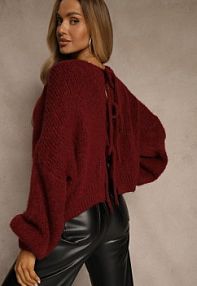 Bordowy kardigan z Wełną o Kroju Oversize z Wiązanymi Kokardami Elearina Renee