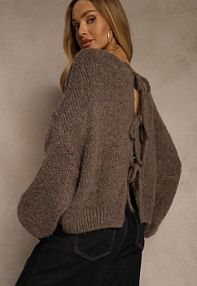 Jasnobrązowy kardigan z Wełną o Kroju Oversize z Wiązanymi Kokardami Elearina Renee