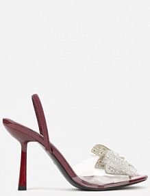 Bordowe Transparentne sandały na Klepsydrowej Szpilce z Kokardą i Cyrkoniami Feralia Renee