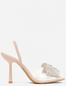 Beżowe Transparentne sandały na Klepsydrowej Szpilce z Kokardą i Cyrkoniami Feralia Renee