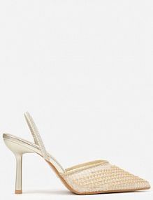 Złote sandały na Szpilce z Siateczkowym Noskiem z Aplikacją z Perełek Aurifera Renee