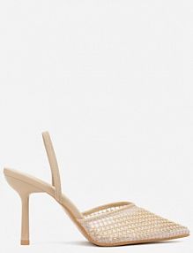 Ciemnobeżowe sandały na Szpilce z Siateczkowym Noskiem z Aplikacją z Perełek Aurifera Renee