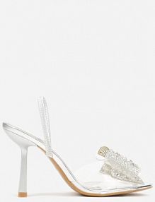 Srebrne Transparentne sandały na Klepsydrowej Szpilce z Kokardą i Cyrkoniami Feralia Renee