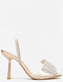 Szampańskie Transparentne sandały na Klepsydrowej Szpilce z Kokardą i Cyrkoniami Feralia Renee