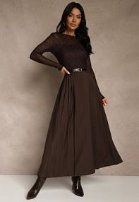 Brązowa Rozkloszowana spódnica z Wiskozy z Dodatkowym Paskiem z Klamrą Lowedina Renee