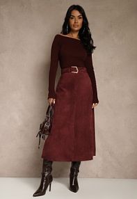 Bordowa spódnica z Wiskozy z Bawełną z Imitacji Zamszu z Paskiem Oliweda Renee