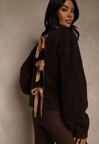 Brązowy kardigan z Wełną Zdobiony Bufiastymi Rękawami i Wiązaniem na Plecach Tusfina Renee