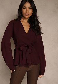 Bordowy kardigan z Wiskozą Ozdobiony w Pasie Wiązaniem Tusllima Renee