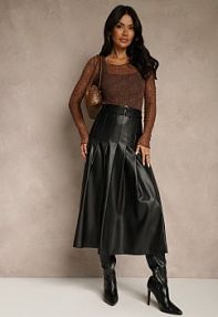 Czarna Plisowana spódnica z Imitacji Skóry o Rozkloszowanym Kroju Tusdera Renee