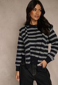 Granatowy kardigan z Dodatkiem Wełny Zdobiony Wzorem w Paski i Narzutką Fedira Renee