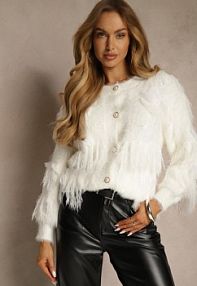 Jasnobeżowy kardigan w Eleganckim Stylu z Imitacją Piór i Perłowymi Guzikami Nessea Renee