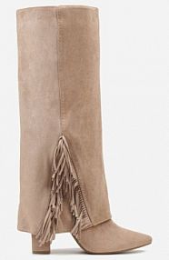 Ciemnobeżowe Kozaki na Słupkowym Obcasie z Cholewką Imitującą Nogawkę z Frędzlami Linafela Renee