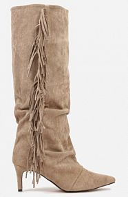 Ciemnobeżowe Kozaki z Imitacji Zamszu na Szpilce z Marszczoną Cholewką z Frędzlami Linotris Renee