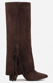 Brązowe Kozaki na Słupkowym Obcasie z Cholewką Imitującą Nogawkę z Frędzlami Linafela Renee