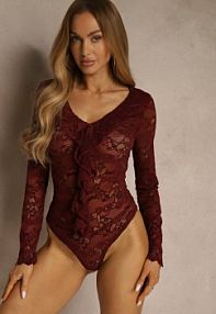 Bordowe body z Koronki Ozdobione Falbanką Videle Renee