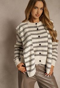 Beżowy kardigan z Dodatkiem Wełny Zdobiony Wzorem w Paski i Narzutką Fedira Renee