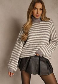 Szaro-Beżowy golf z Dodatkiem Wełny Ozdobiony Paskami Monarria Renee damski