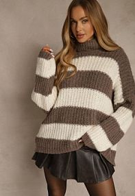 Brązowy golf z Wiskozą i Wełną Ozdobiony Motywem Pasków Monorra Renee damski