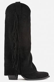 Czarne Kozaki Kowbojki na Stożku z Cholewką Imitującą Nogawkę z Frędzlami Monettea Renee