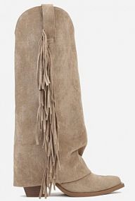 Ciemnobeżowe Kozaki Kowbojki na Stożku z Cholewką Imitującą Nogawkę z Frędzlami Monettea Renee